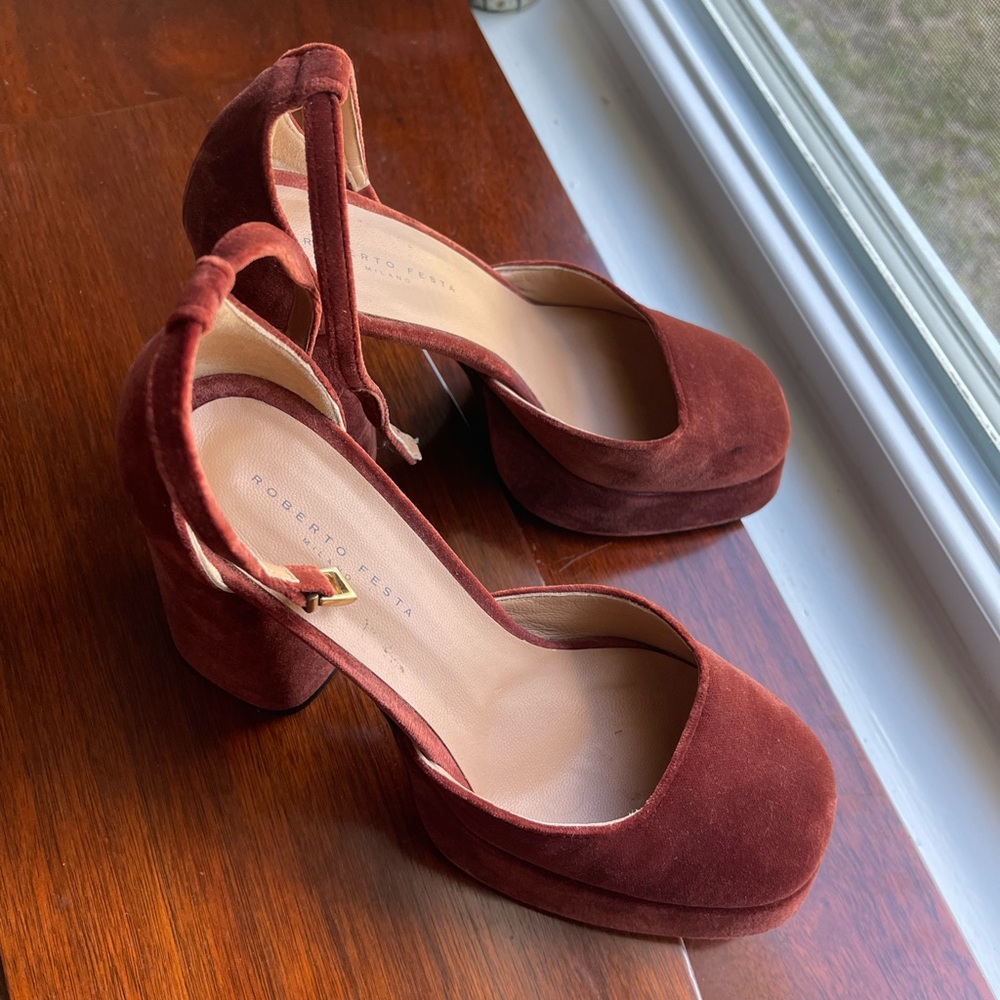 Roberto Festa Burnt Orange Velvet Block Heels